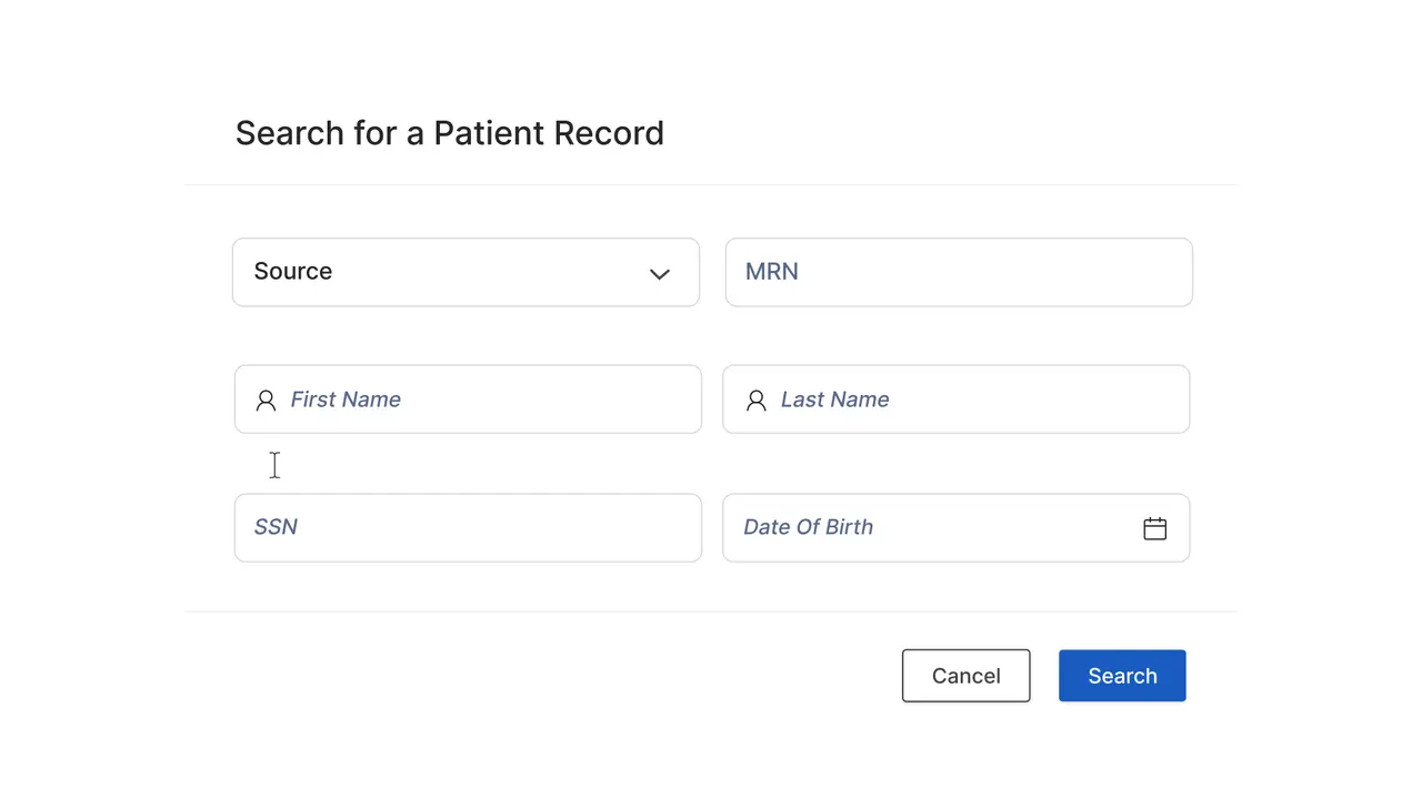 Animated advanced patient-search form using source, MRN, name, SSN and birth date