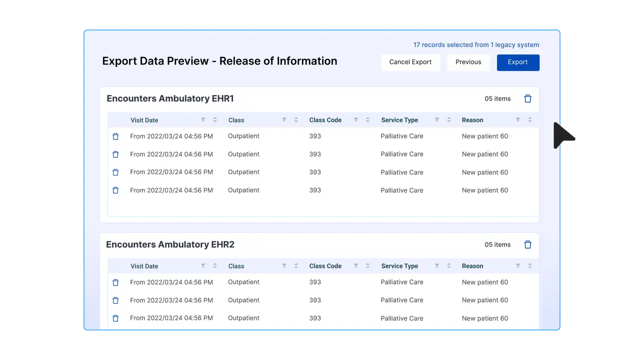 Animation of selecting legacy records and preparing an asynchronous release of information
