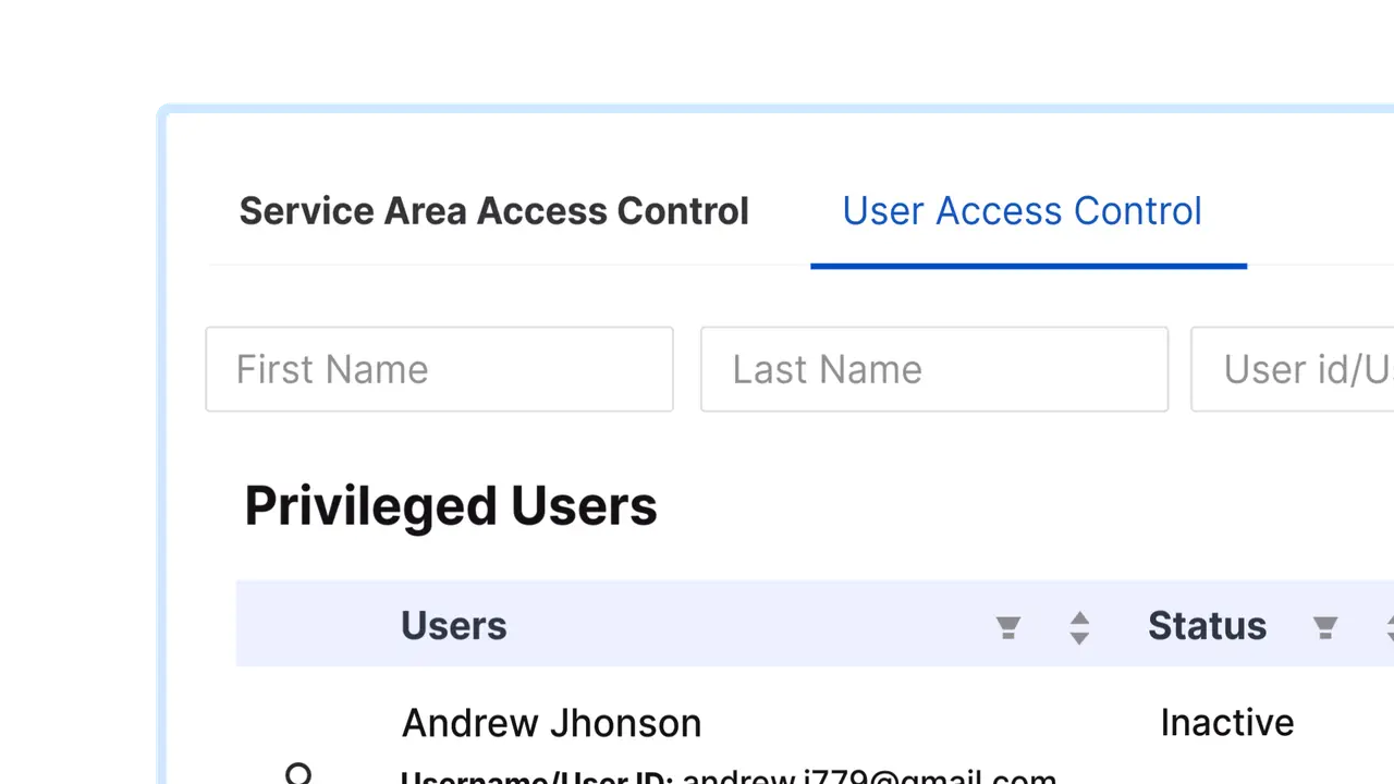 Animated service-area and user access controls in Muspell