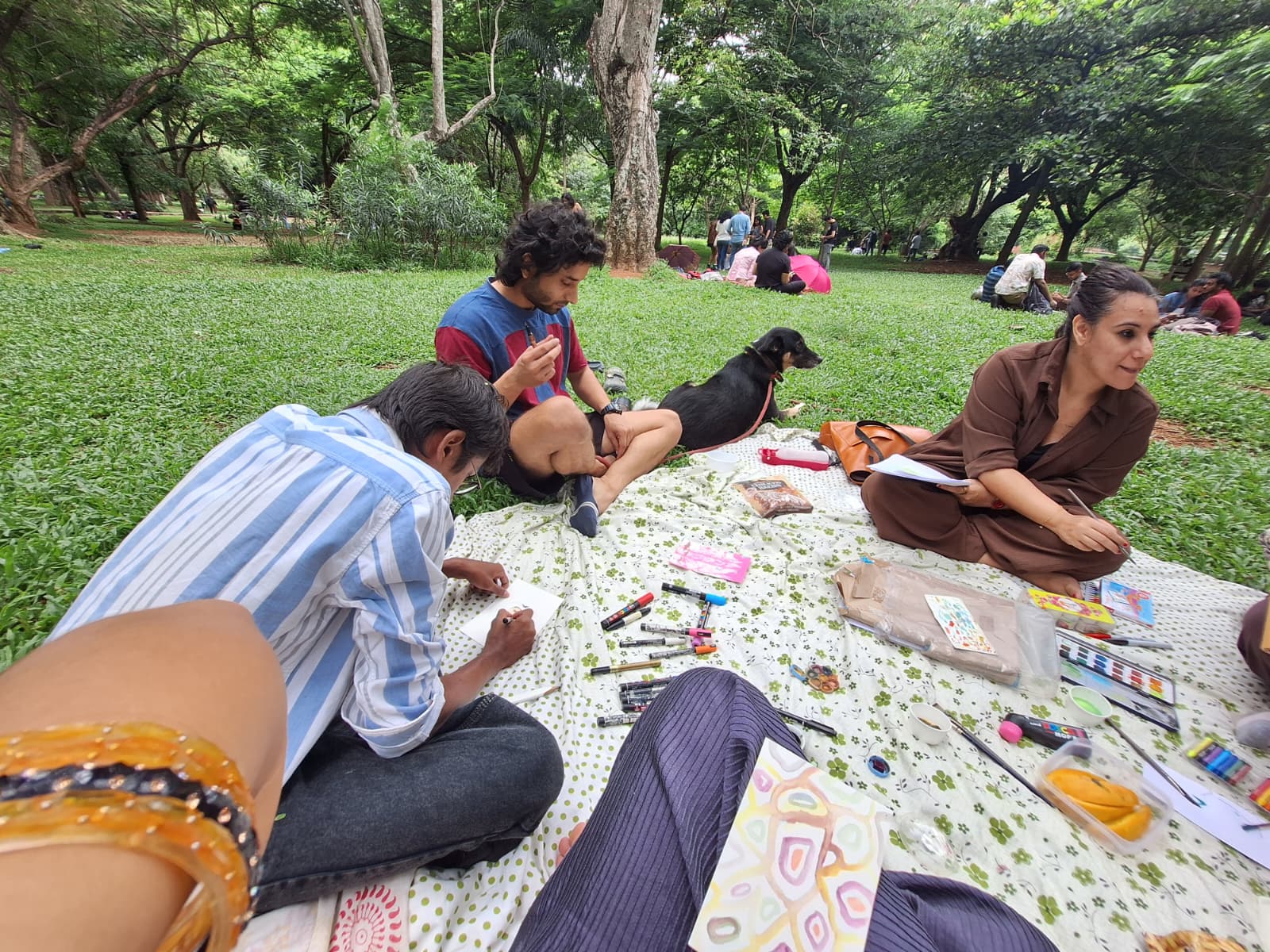 Team members drawing together on a picnic blanket in a park