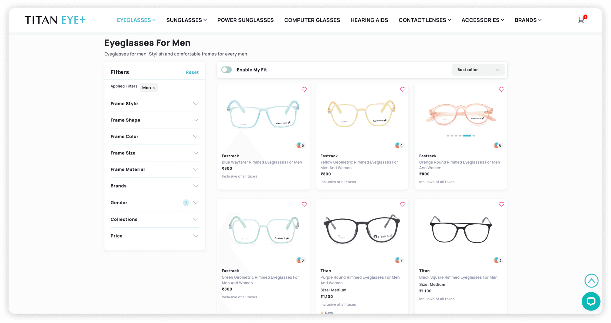 Redesigned Titan Eyeplus product listing with filters and My Fit