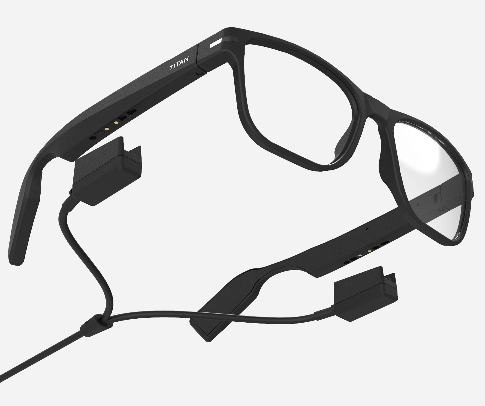 Animated render of Titan EyeX glasses and magnetic chargers