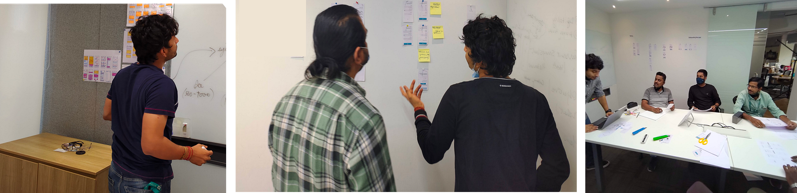 EyeX team discussing flows and reviewing pinned screens in a workshop