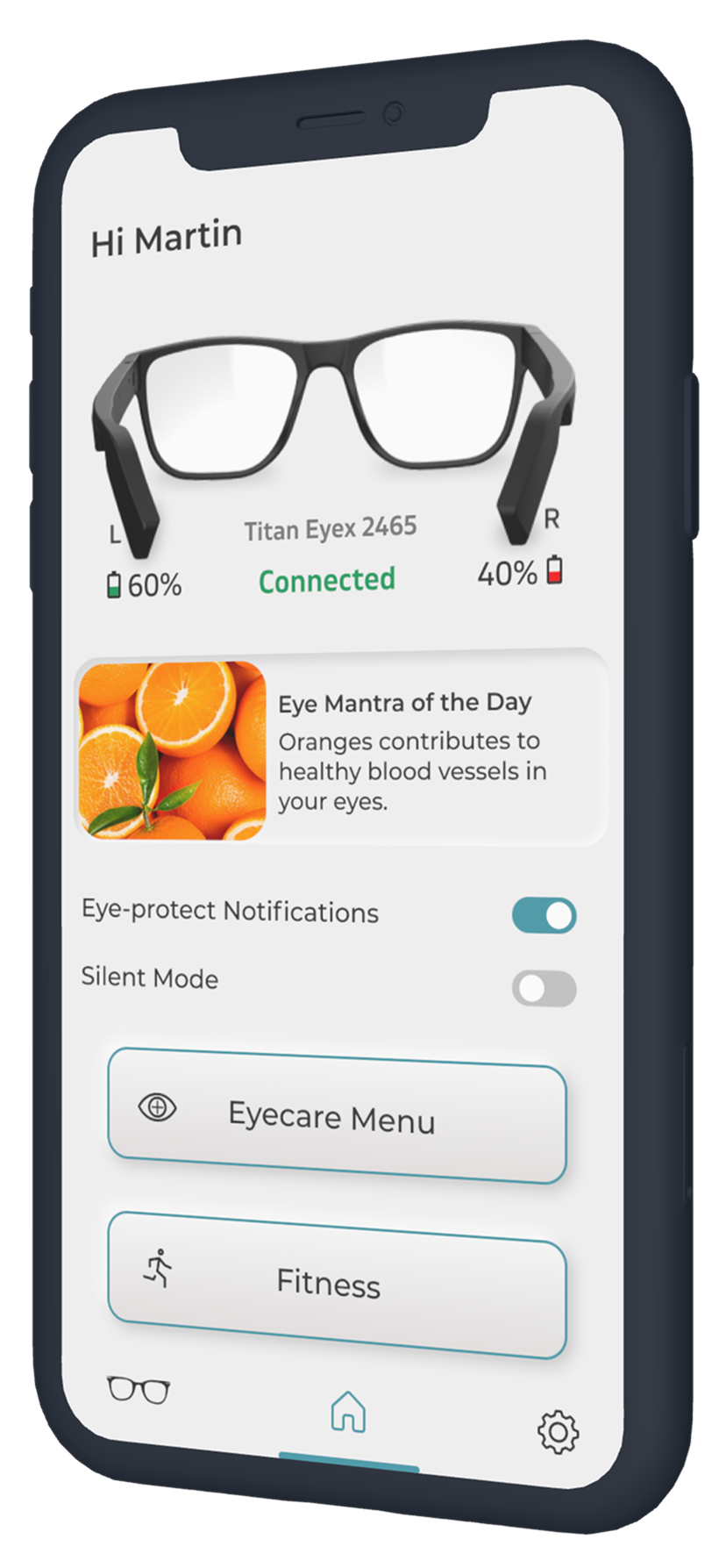 EyeX connected dashboard with separate temple batteries