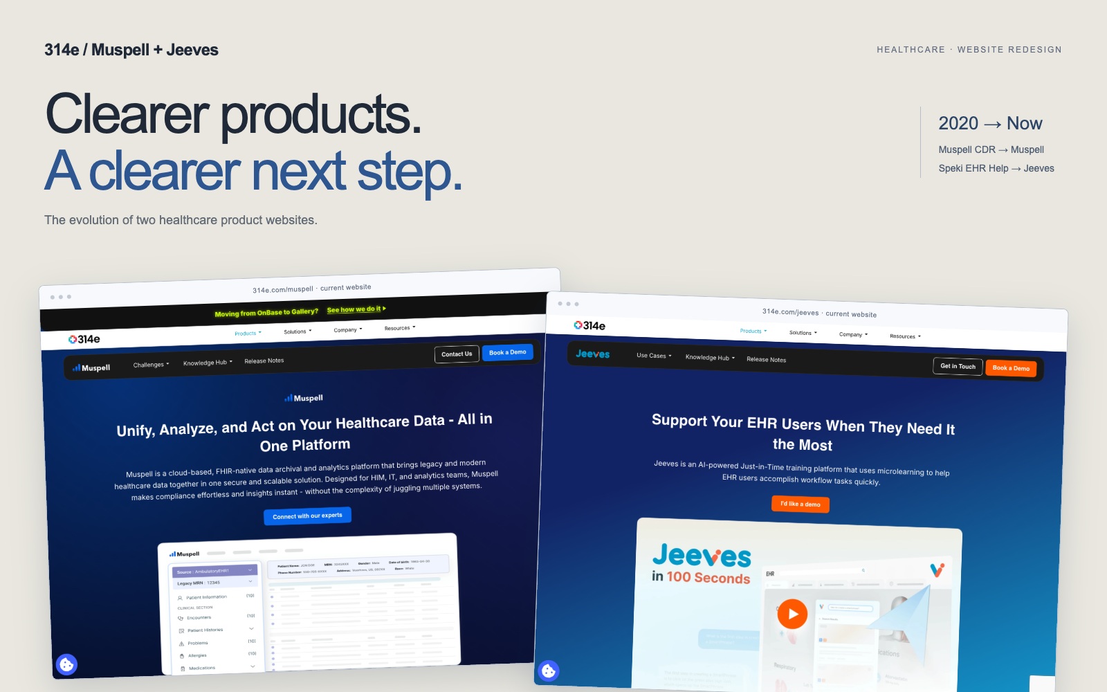 The actual current Muspell and Jeeves websites, presented together on the 314e case study cover