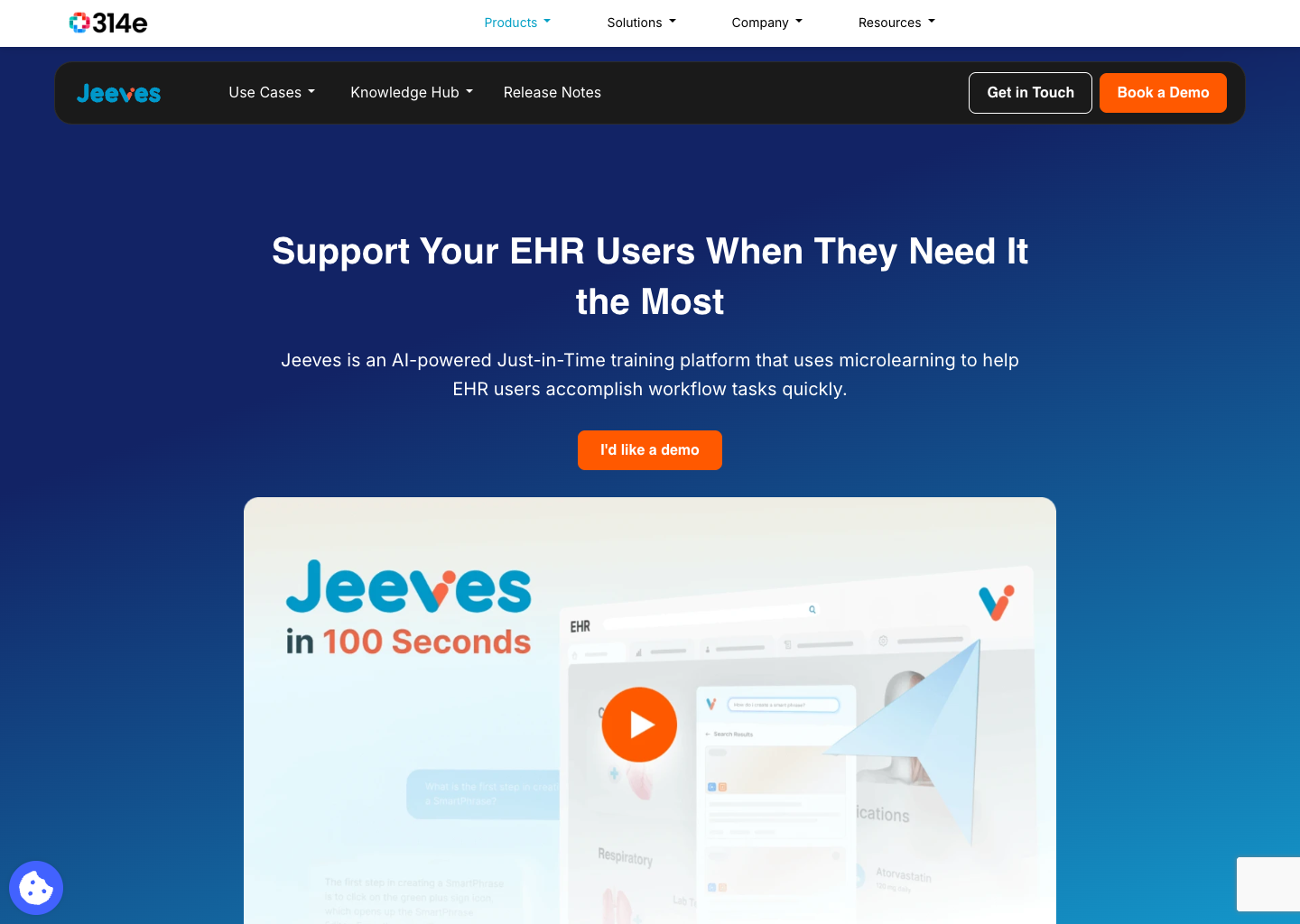 Real current Jeeves website with a support-focused introduction, orange demo button and a short product-video preview