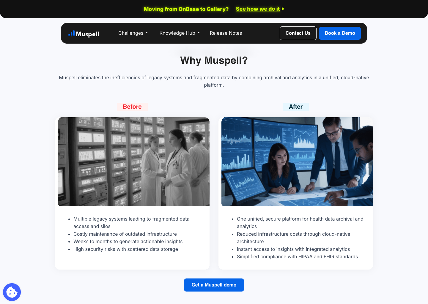 Actual Muspell website section presenting buyer problems and benefits with a product-specific demo action