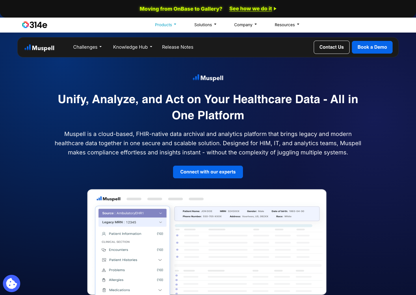 Real current Muspell website with product navigation, a centred value proposition, a blue expert-contact button and a data-viewer visual