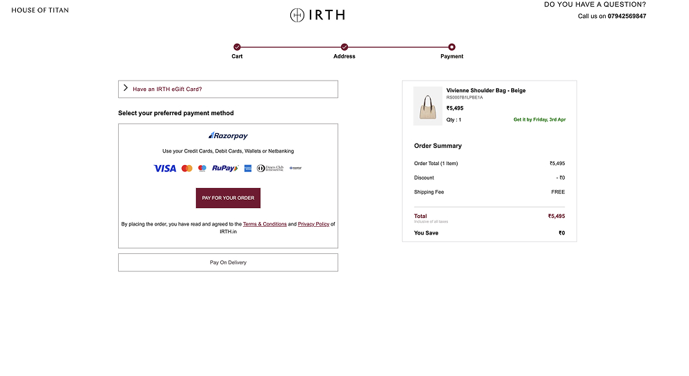 Original IRTH desktop checkout with a small gateway payment card and separate order summary