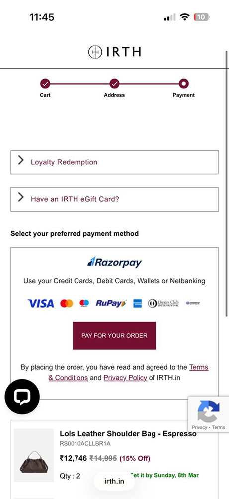 Original mobile payment page, with redemption above a Razorpay card and payment button