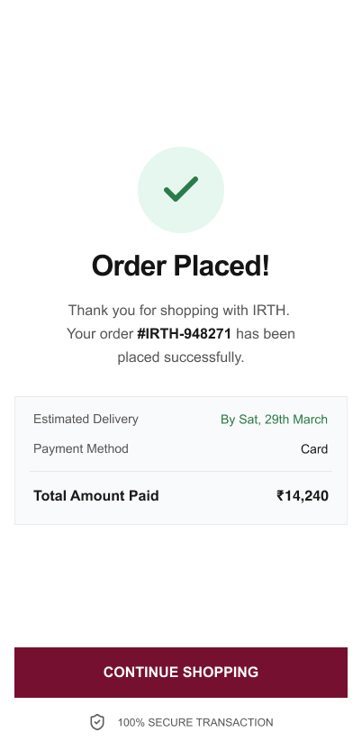 Order placed screen with order reference, delivery date, payment method and total paid