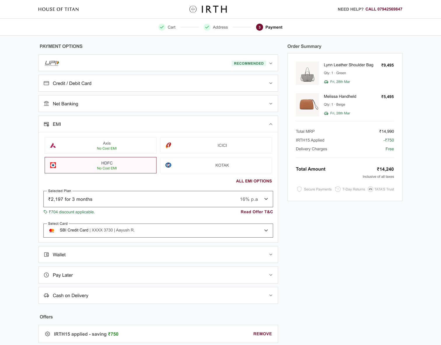 IRTH desktop EMI design with bank selection and repayment plan details beside the order summary