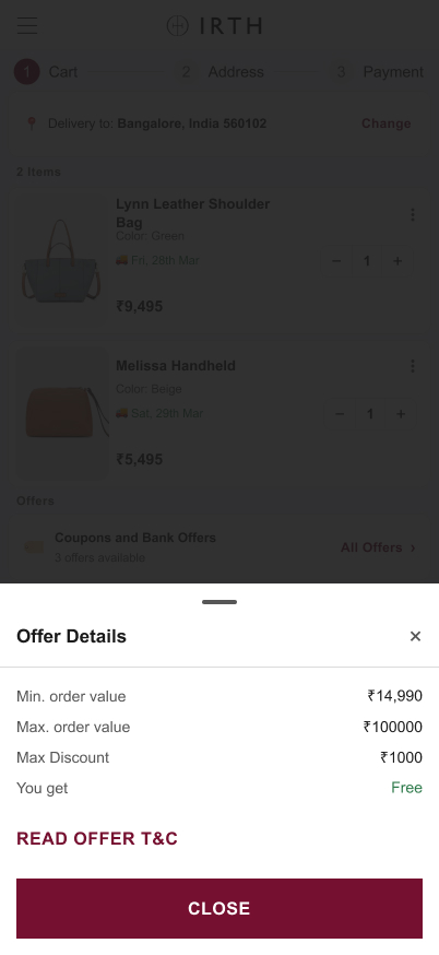 Offer details bottom sheet over a dimmed IRTH checkout