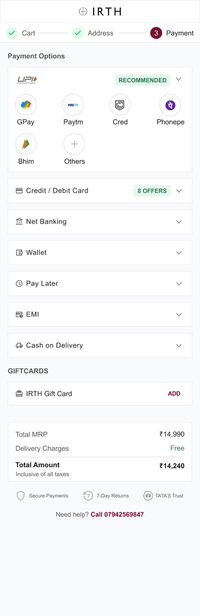 IRTH mobile redesign with UPI apps first and other methods grouped below