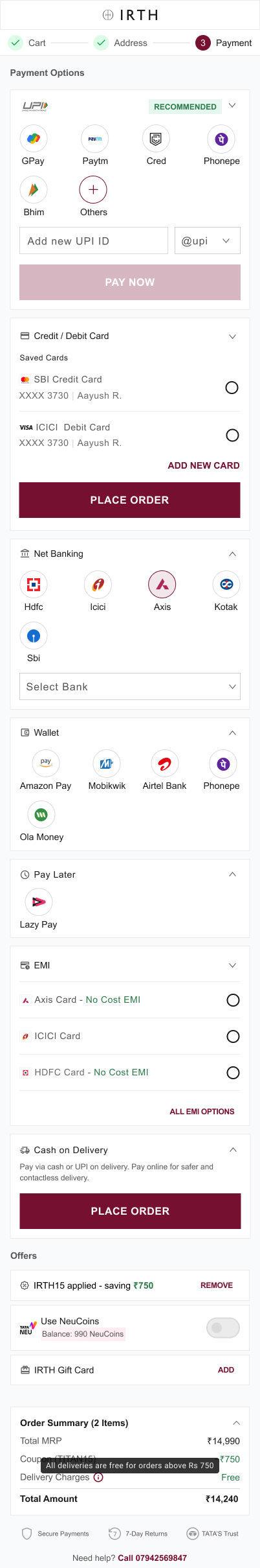 Full mobile exploration showing UPI entry, saved cards, banks, wallets, pay later, EMI, COD and offers