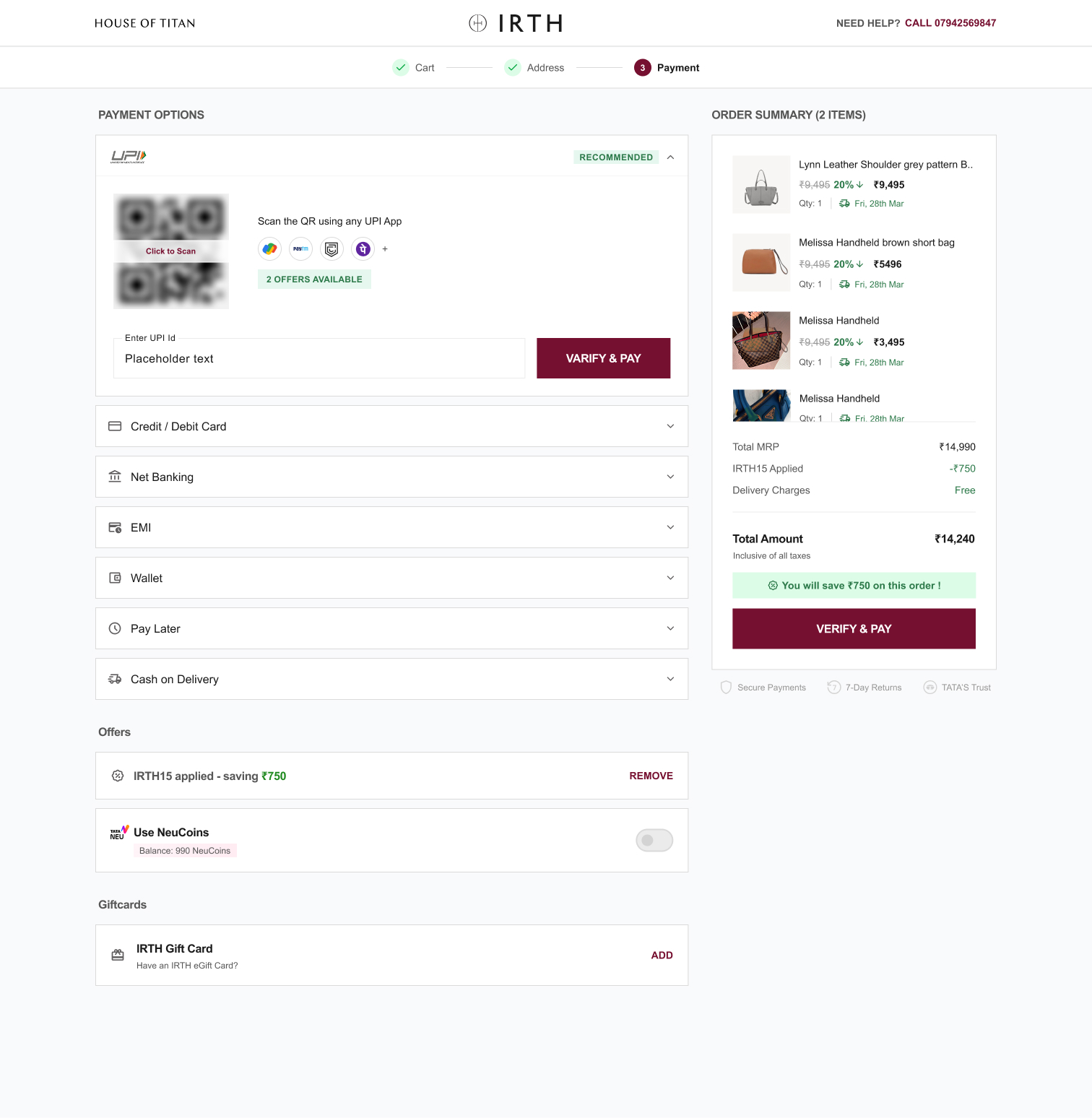 IRTH desktop UPI payment redesign with order summary and savings