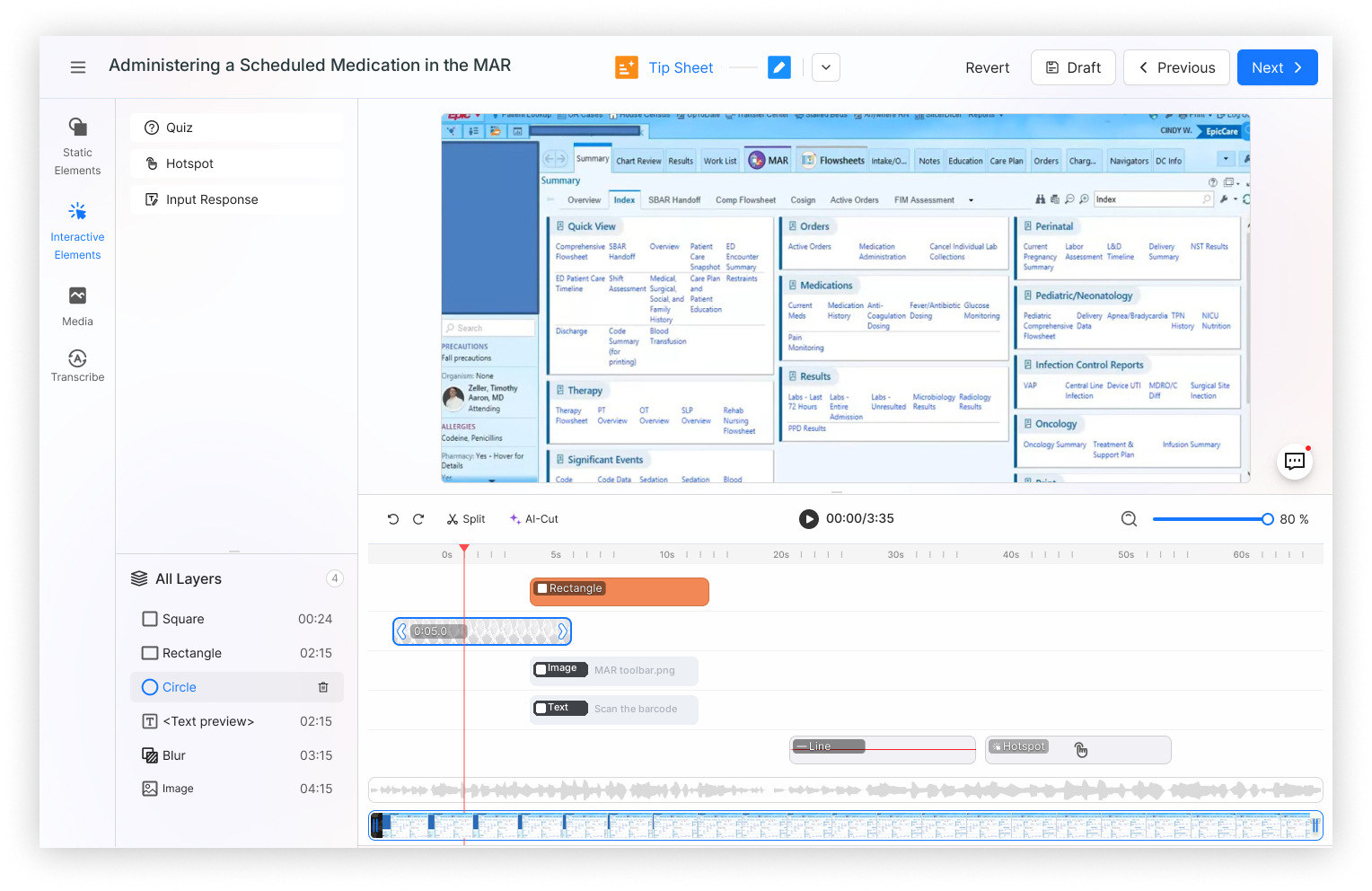 The Interactive Elements panel offering Knowledge Check, Hotspot and Input Response, with the timeline below