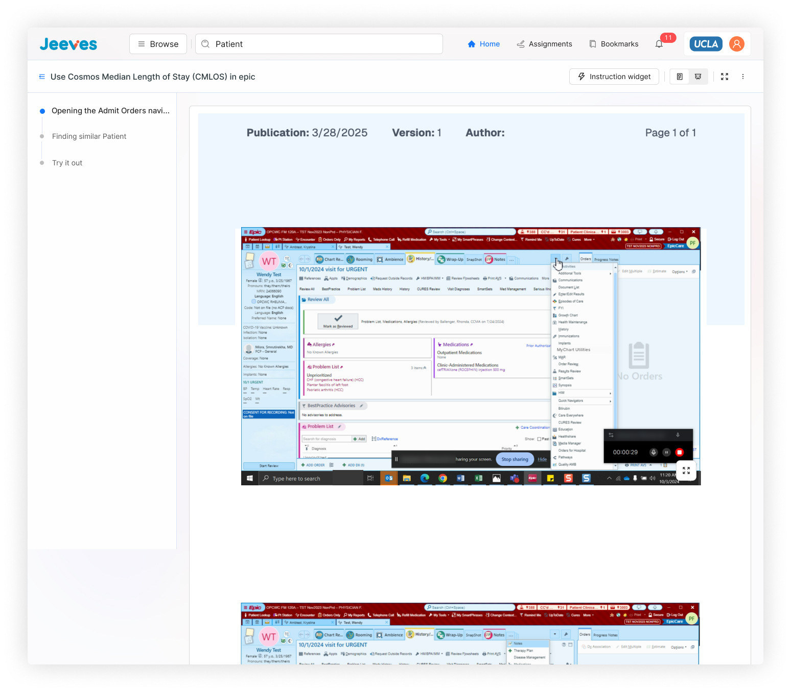 A learner reading a tip sheet with a step rail on the left and an Instruction widget control in the header