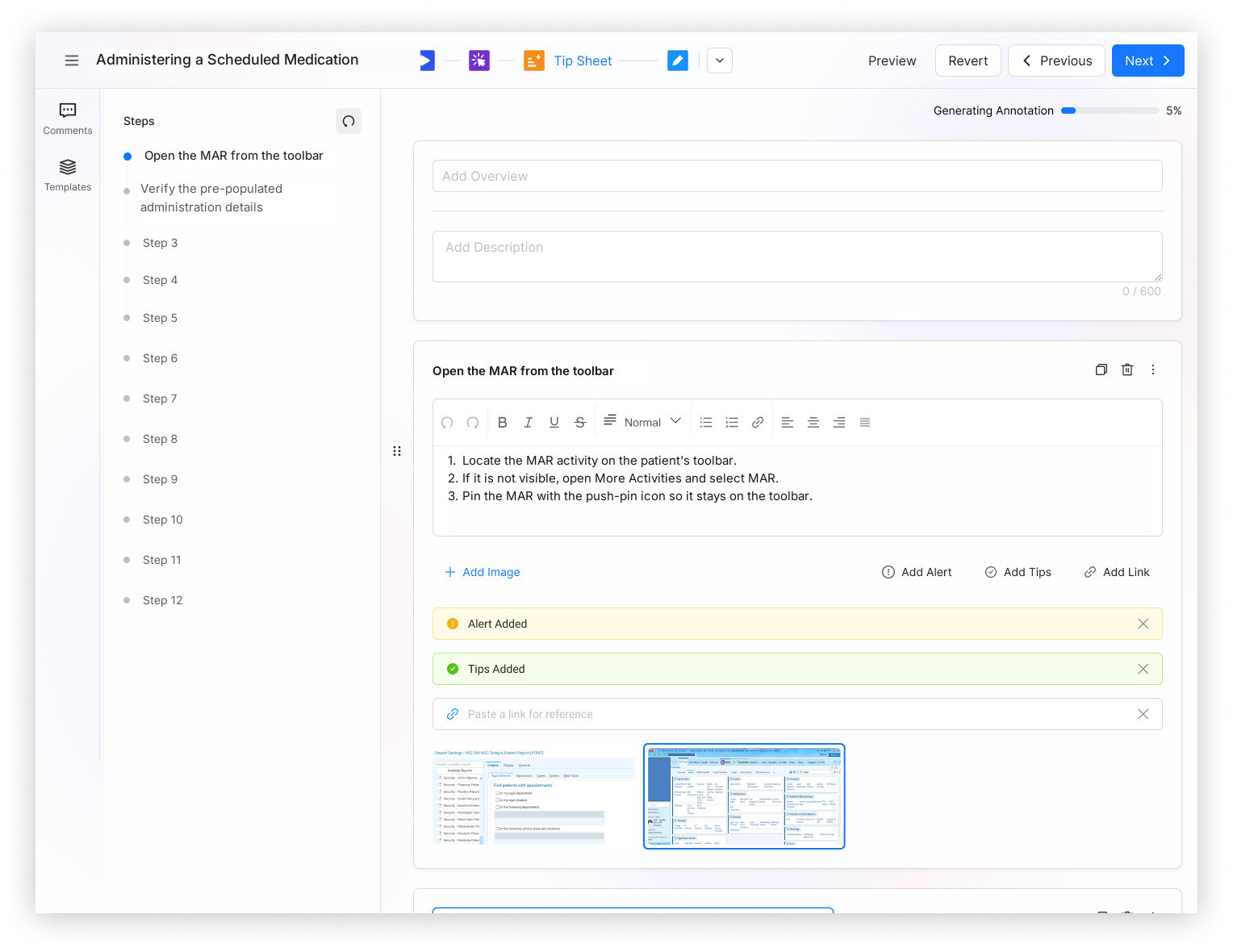 The tip sheet editor with a Generating Annotation progress bar and a step rail where the first steps have titles and the rest are still numbered placeholders