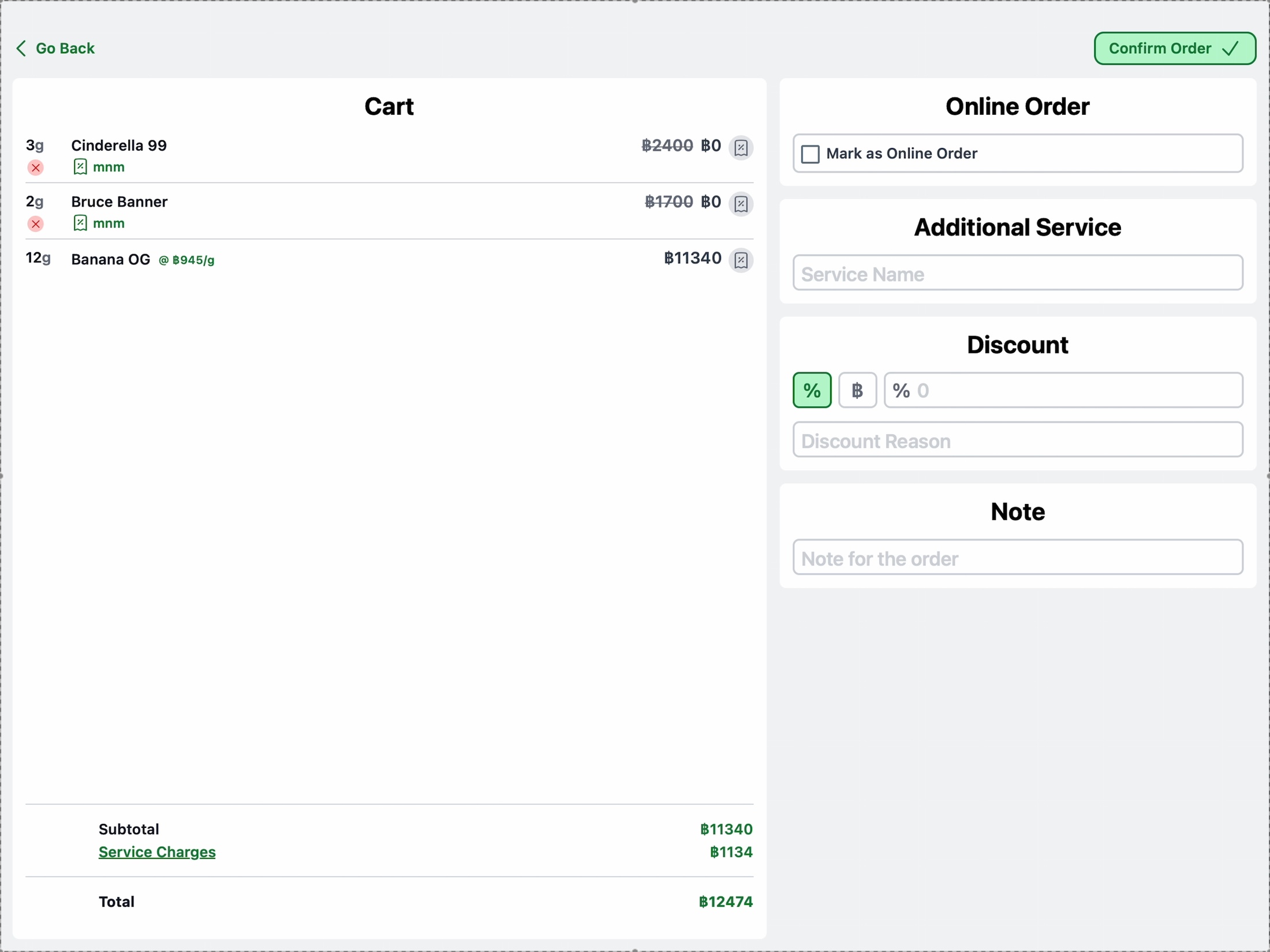KLu POS cart screen with products, discounts and order details
