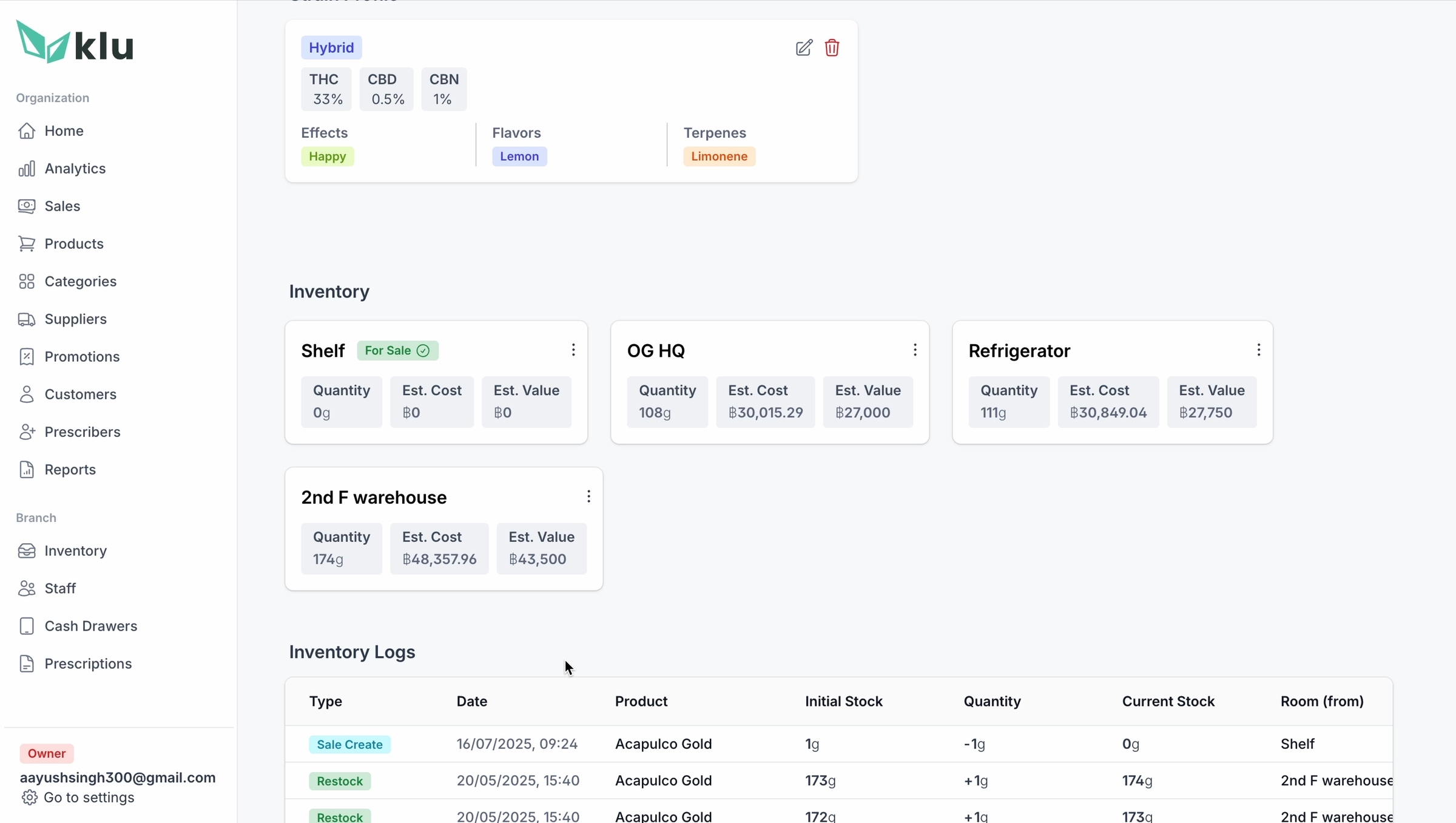 KLu product inventory detail showing stock across rooms, value and an inventory log