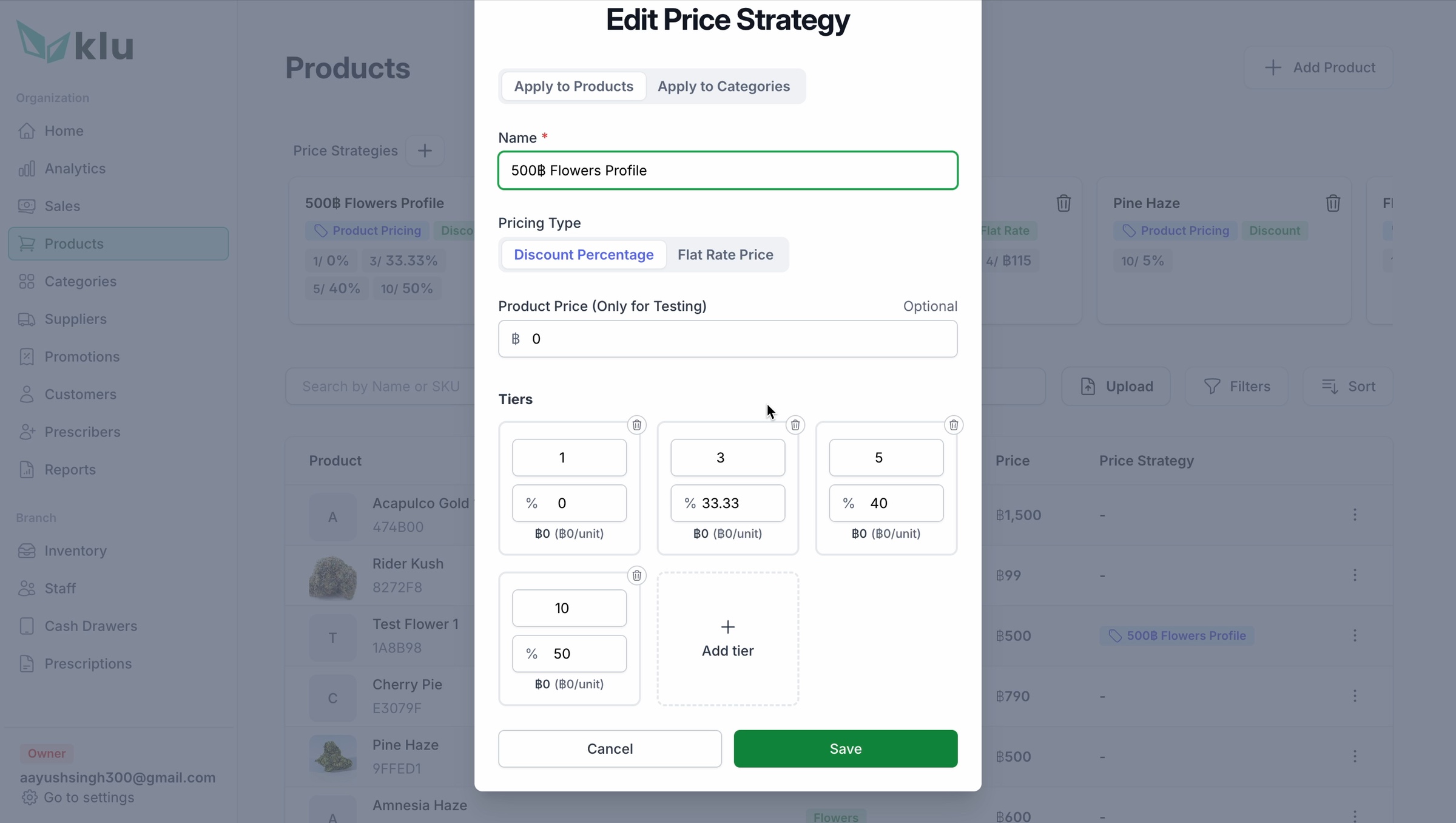 KLu price strategy editor with product targeting, pricing type and configurable weight tiers