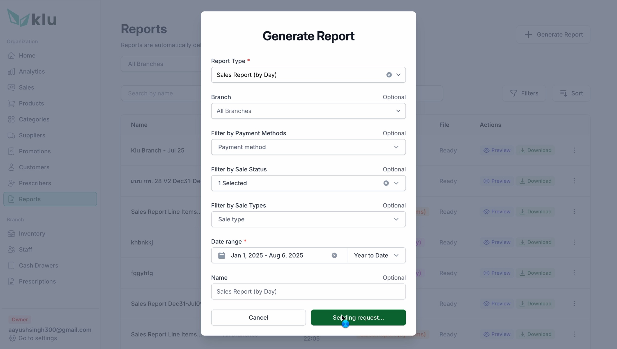 KLu custom report builder with report type, branch, payment, status, sale type and date filters