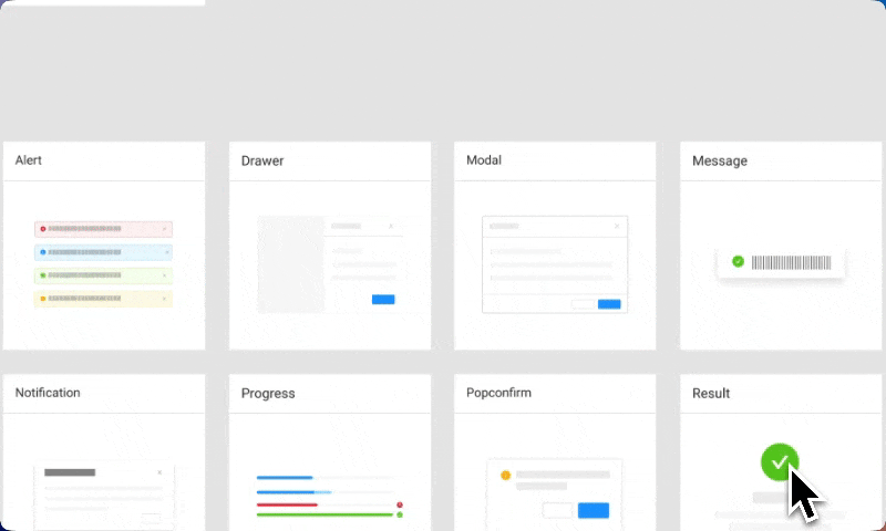 Feedback components on their documentation artboards: Alert, Drawer, Modal, Message, Notification, Progress, Popconfirm and Result