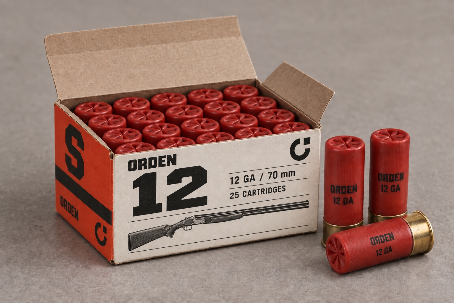A 12-gauge ORDEN carton, red crimped shotshells and a printed over-under shotgun illustration.