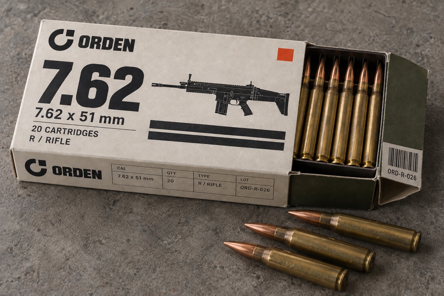 A low ORDEN rifle-ammunition carton with complete brass cartridges, an inner tray and a rifle illustration.
