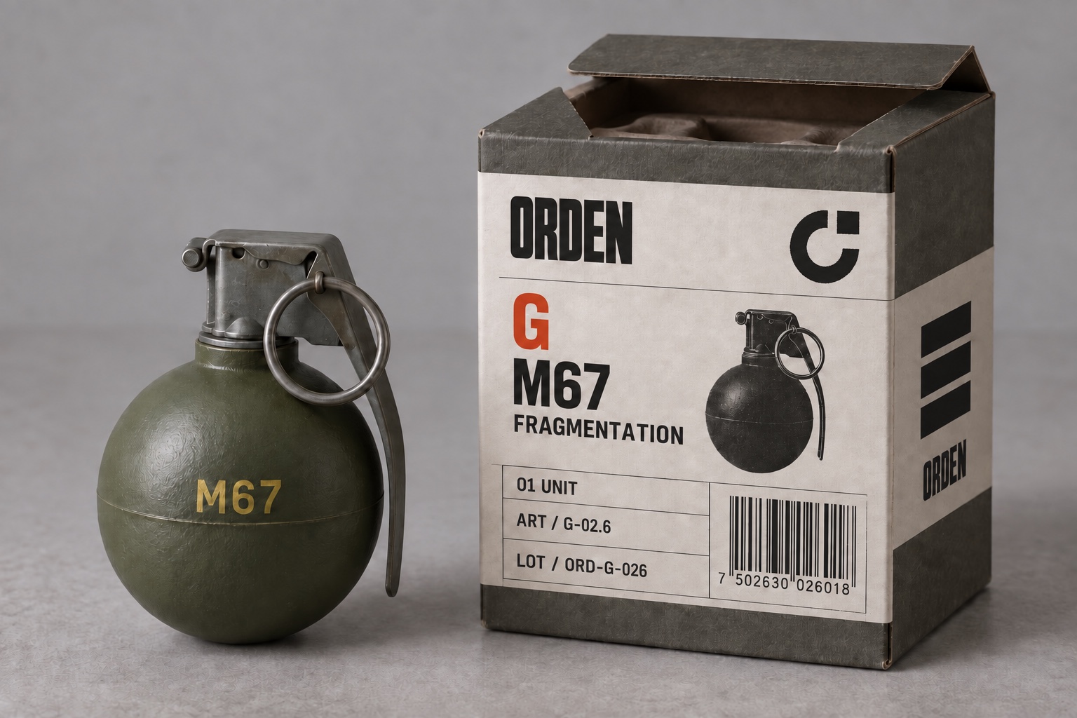 A smooth spherical M67 grenade exterior beside its individual olive carton with a matching illustration.
