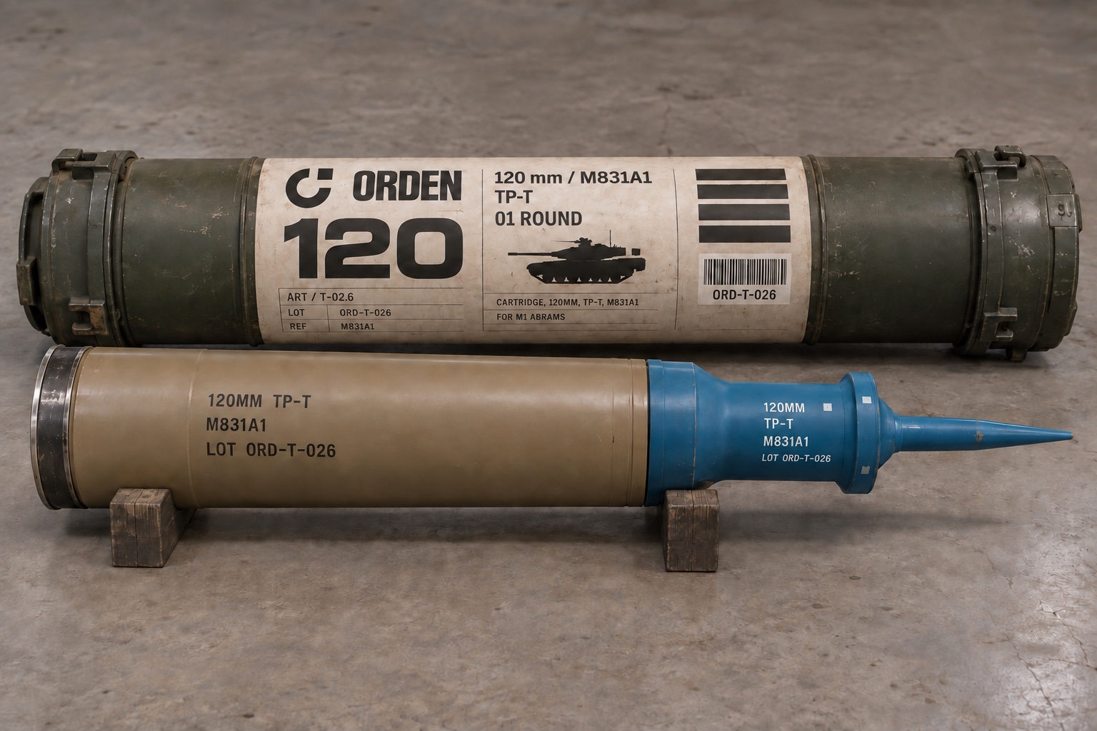 A complete 120mm M831A1-style training round on display cradles alongside a long labelled transit tube.