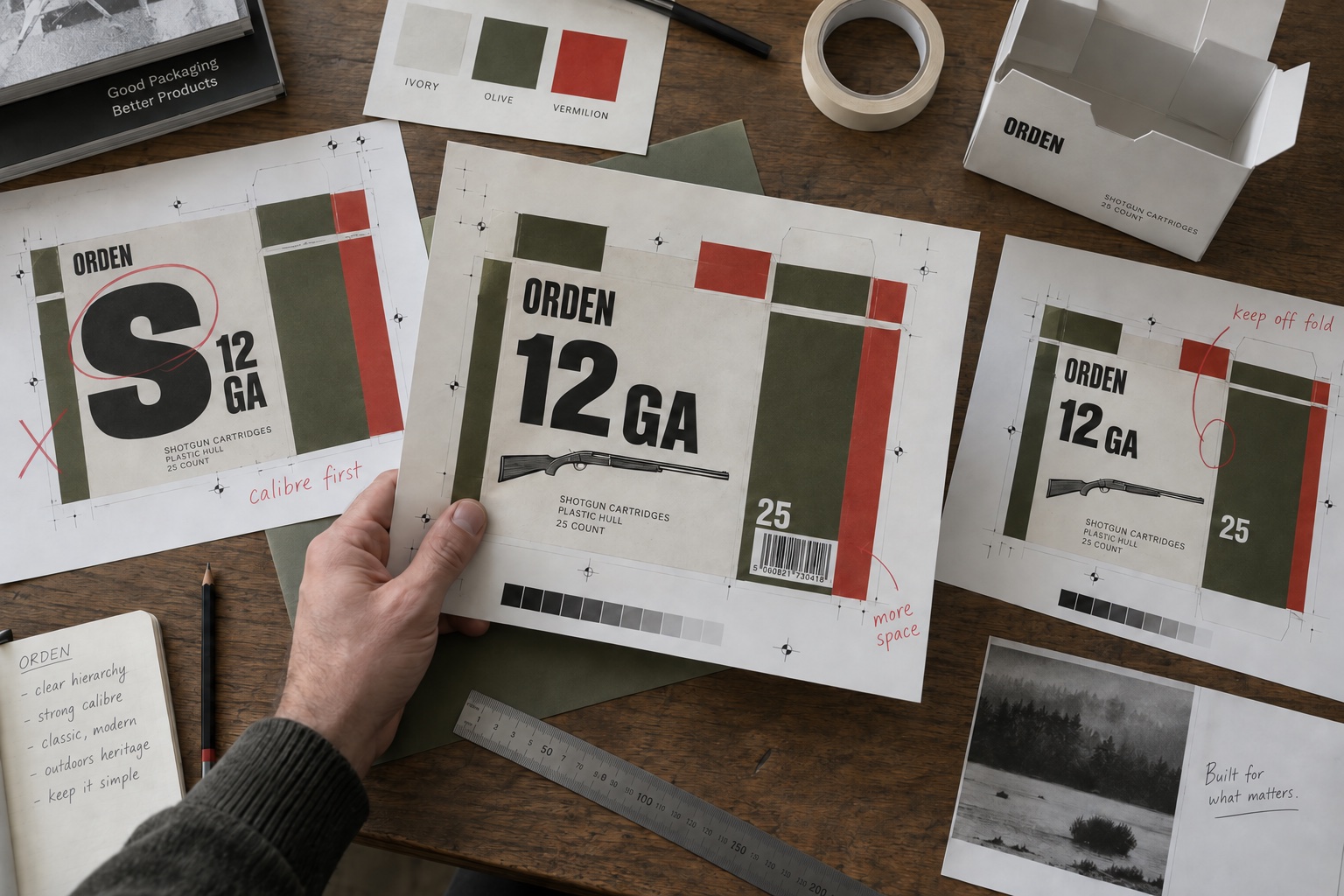 Printed ORDEN carton layout studies with pencil corrections and a hand holding a proof.