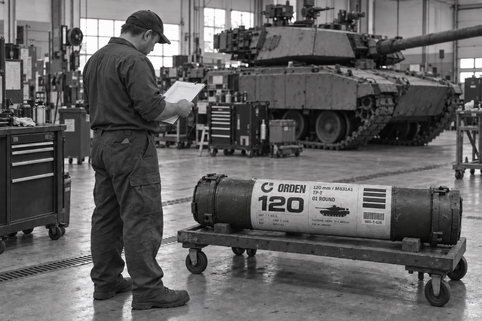 A worker reviews a paper record beside a closed transport tube in a tank hangar.
