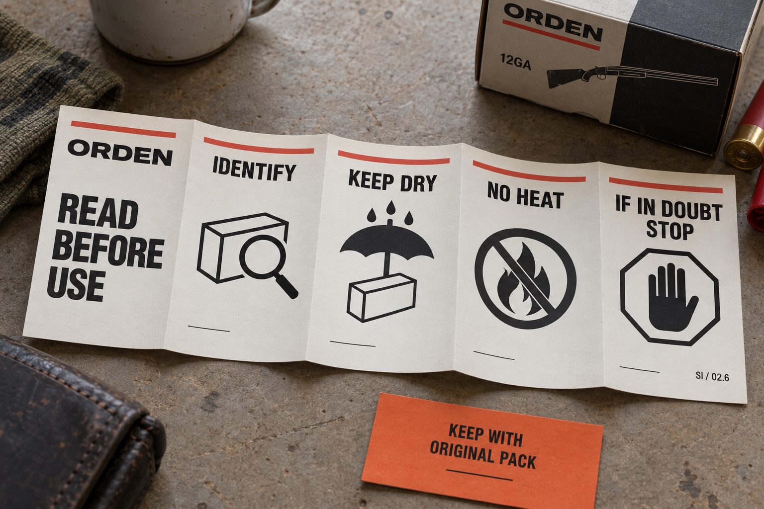 Accordion-fold ORDEN safety leaflet with identification, dry-storage, no-heat and stop pictograms.