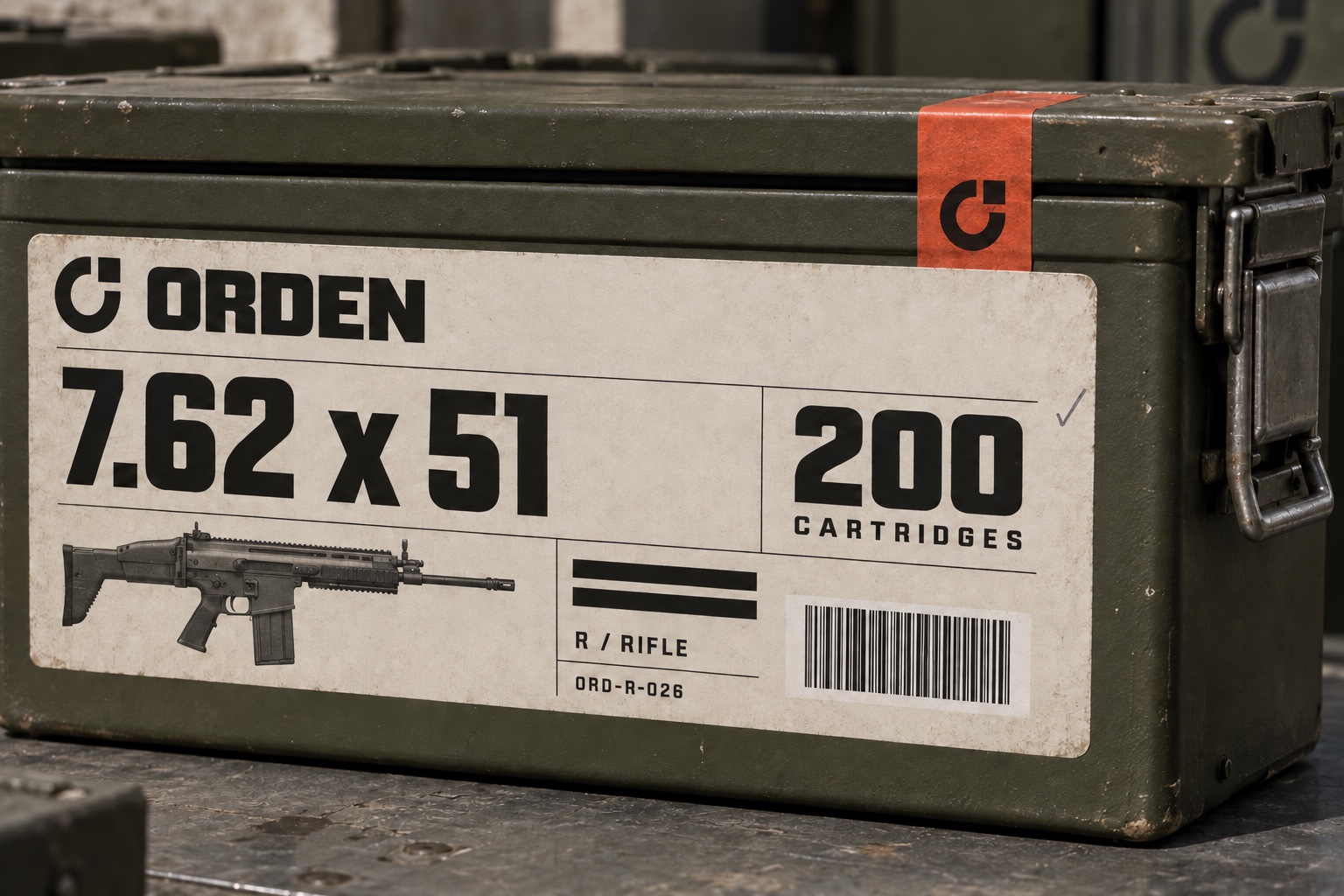 ORDEN rifle-case identification: product designation, quantity, platform illustration and barcode on olive metal