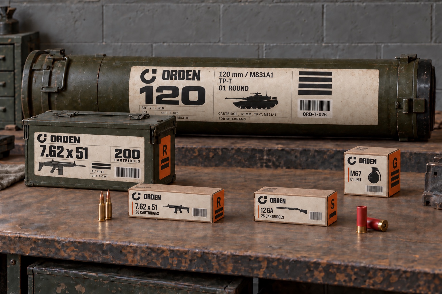 The ORDEN packaging family with small cartons in front of a much longer large-calibre transport tube.