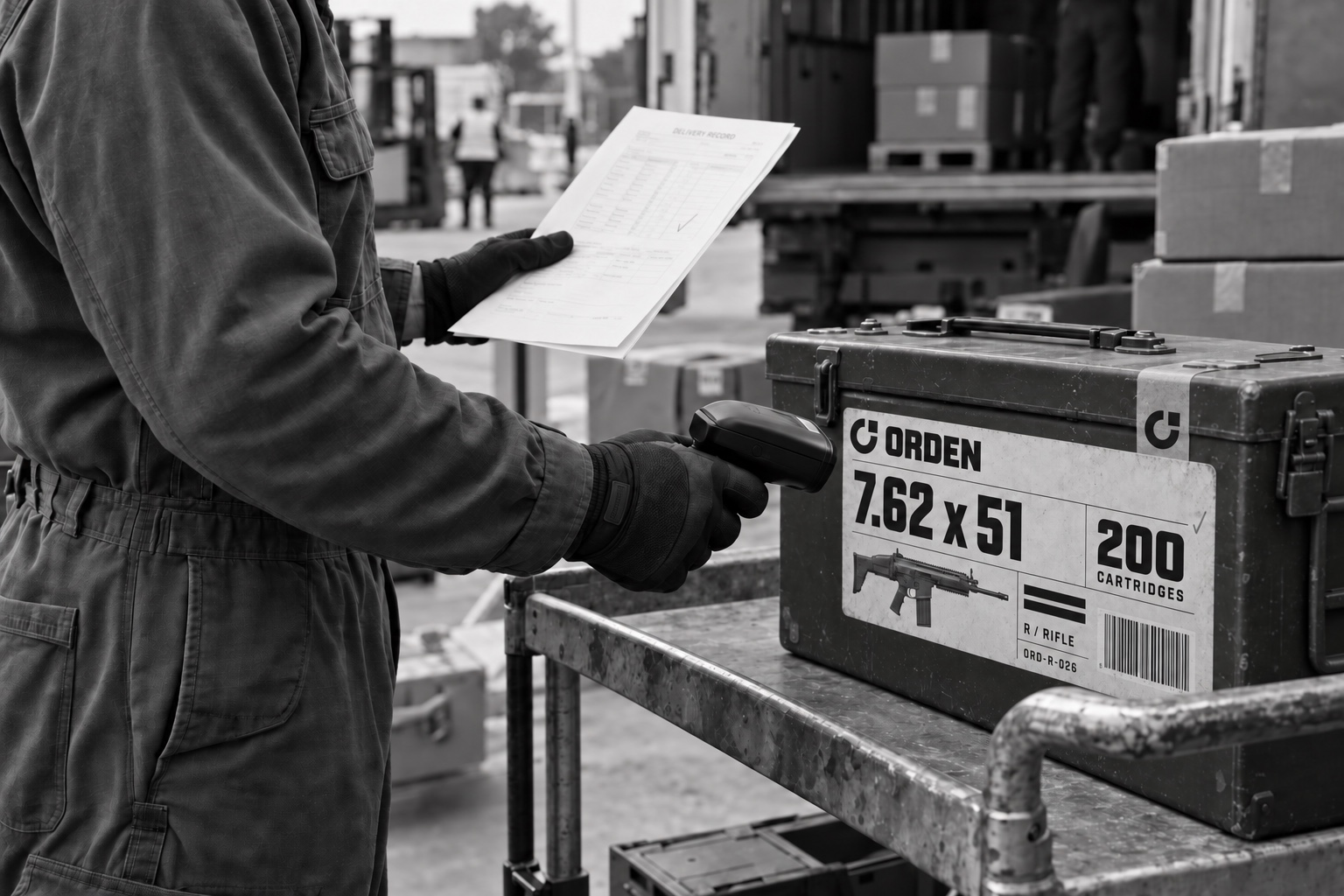 A depot worker scans the label of a closed ORDEN case while holding a paper receiving record.