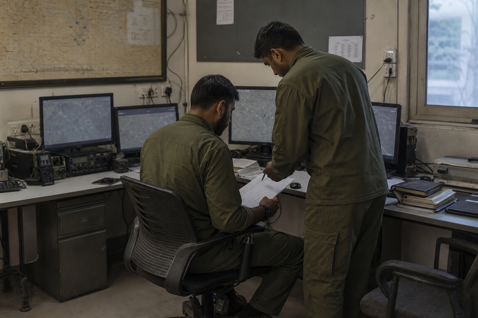 Two operators reviewing a paper handover checklist in a compact signals workspace