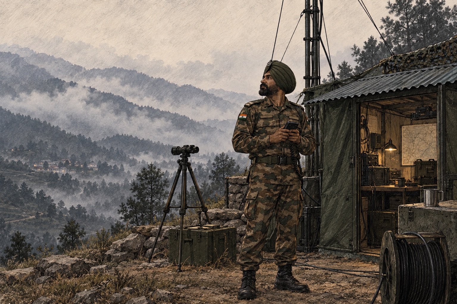 Illustration of a forward signals post in misty foothills: an NCO with a rugged handheld beside an antenna mast and equipment shelter