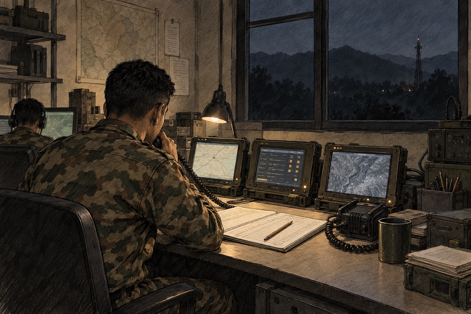 Illustration of a signals duty officer on night watch: three rugged displays, a corded handset and an open paper register