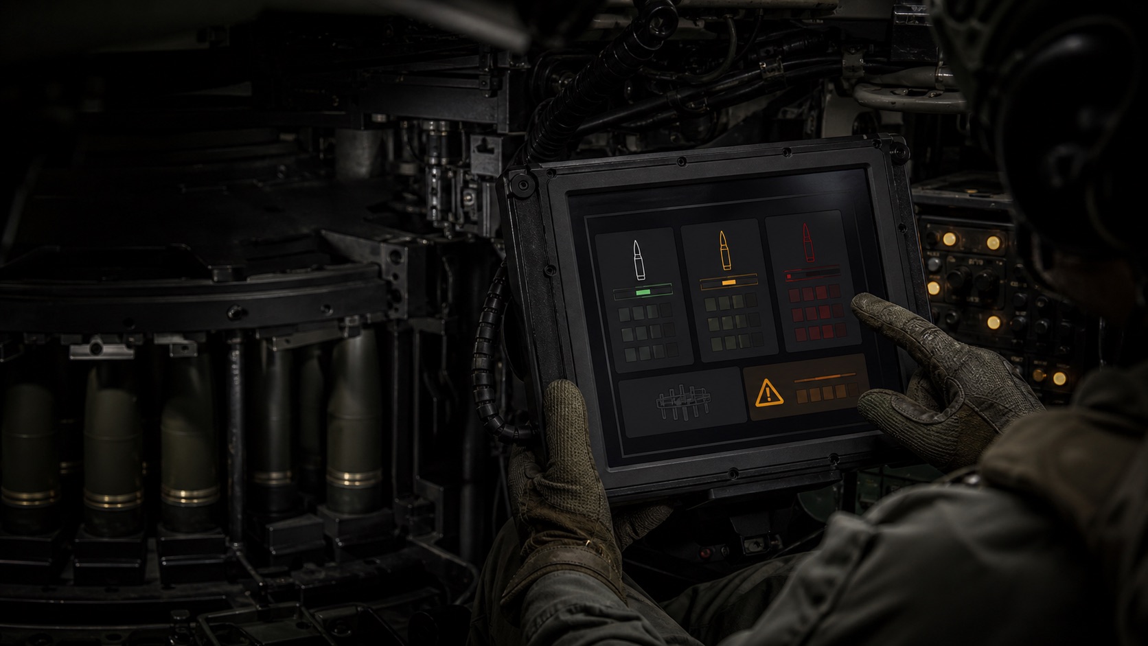 Armoured vehicle crew member using the Chargeur ammunition load management interface