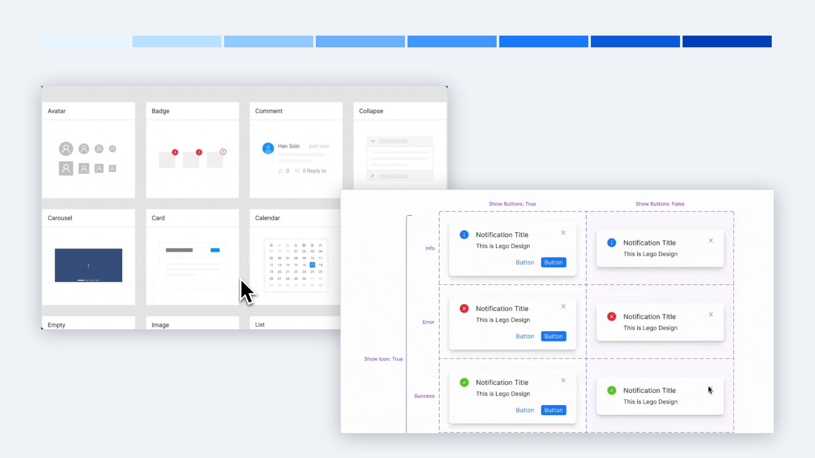 Lego design system component library and notification variant sheet