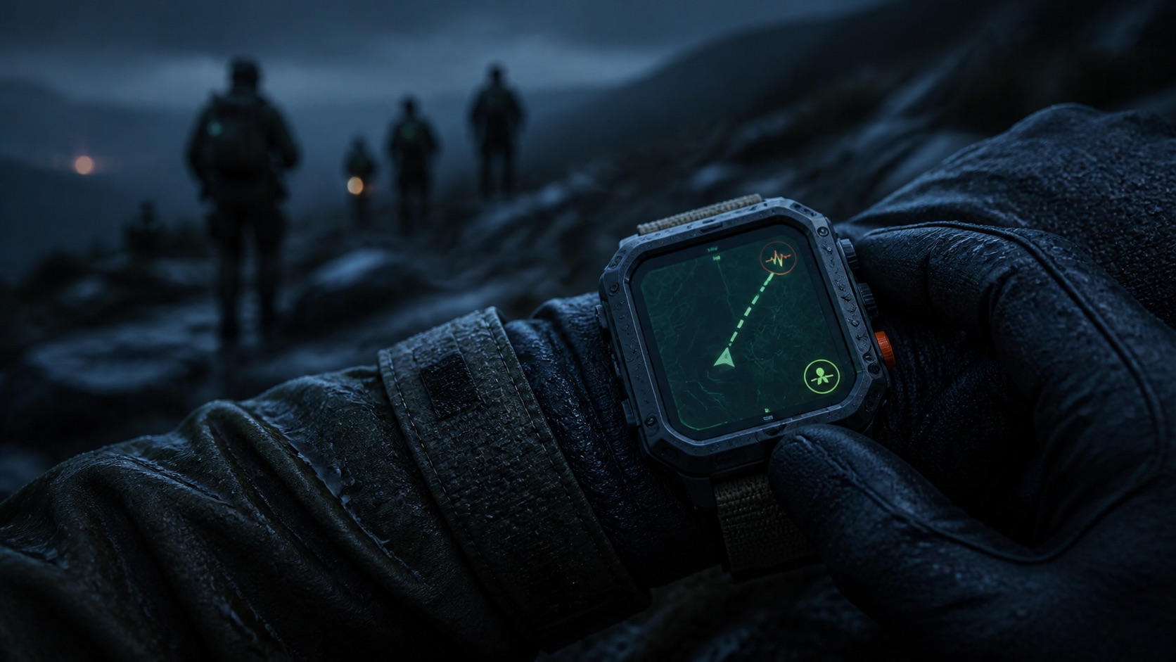 Gloved field operator using the Vigil tactical wearable in rain at dusk