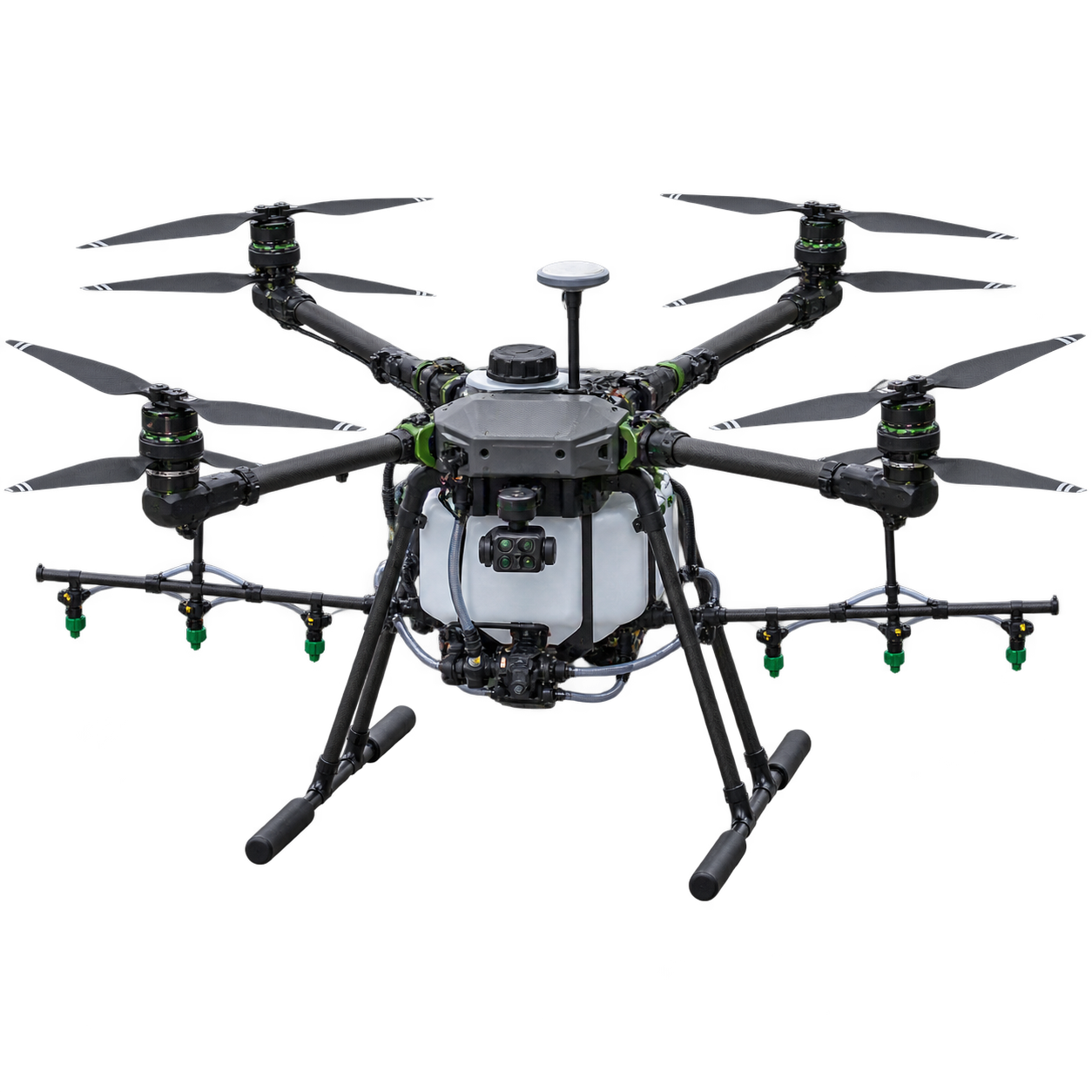 Unbranded 40-litre agricultural spray octocopter with RTK antenna, multispectral camera and eight-nozzle spray array
