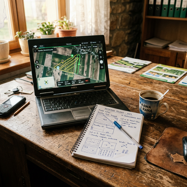 Legacy planning: laptop with DJI app and handwritten field notebook
