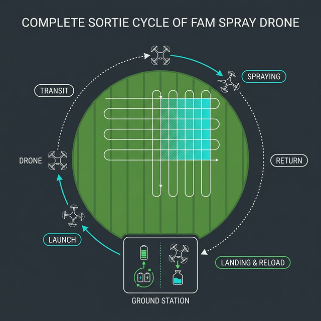 Complete sortie cycle: launch, transit, spray, return, reload