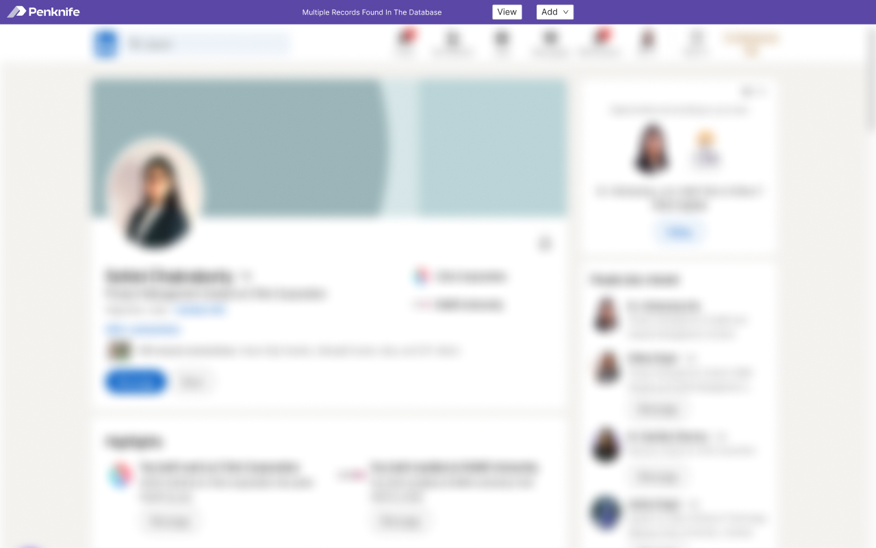 Penknife Chrome extension resting state — a single bar across the top of a LinkedIn profile reading “Multiple Records Found In The Database”, with View and Add controls
