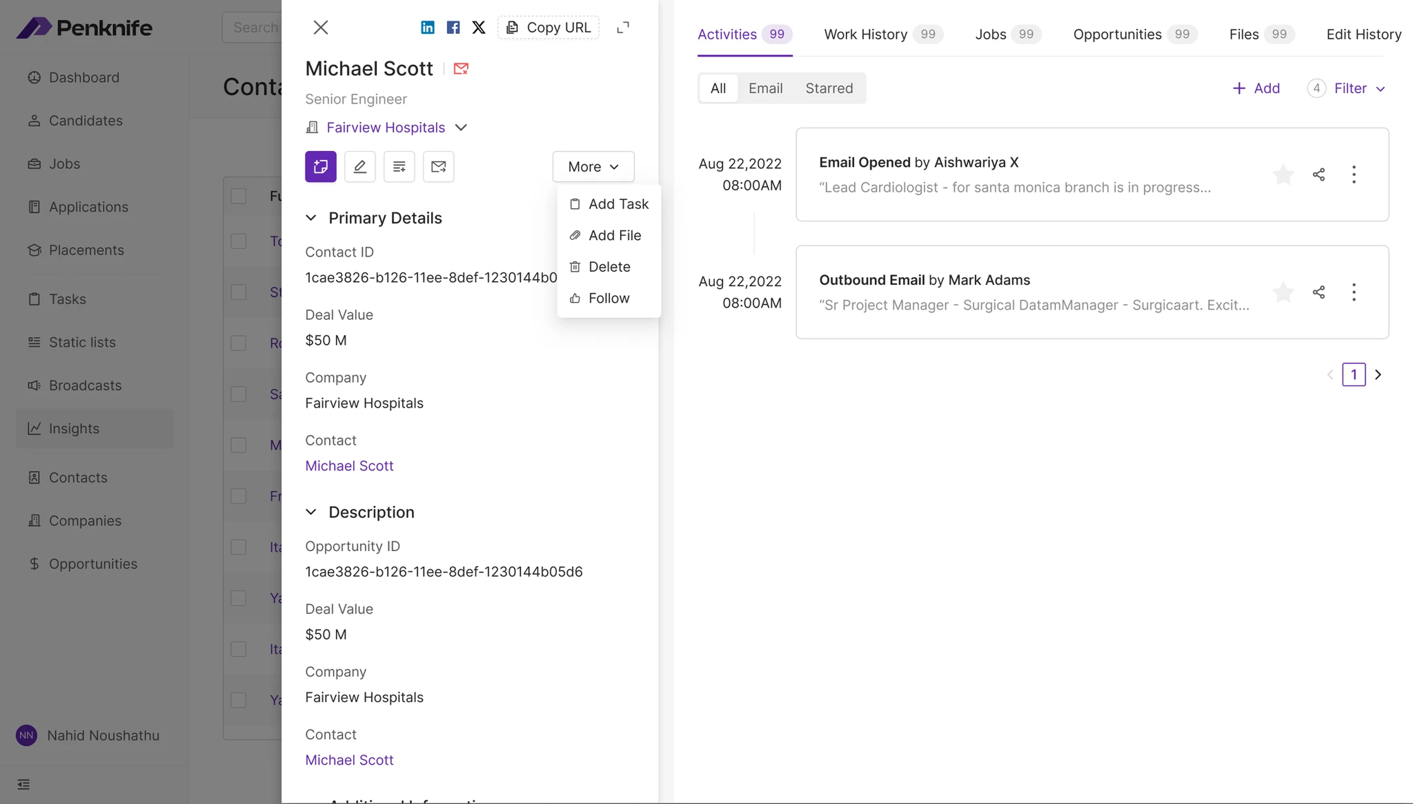 Penknife contact record with automatically logged email activity