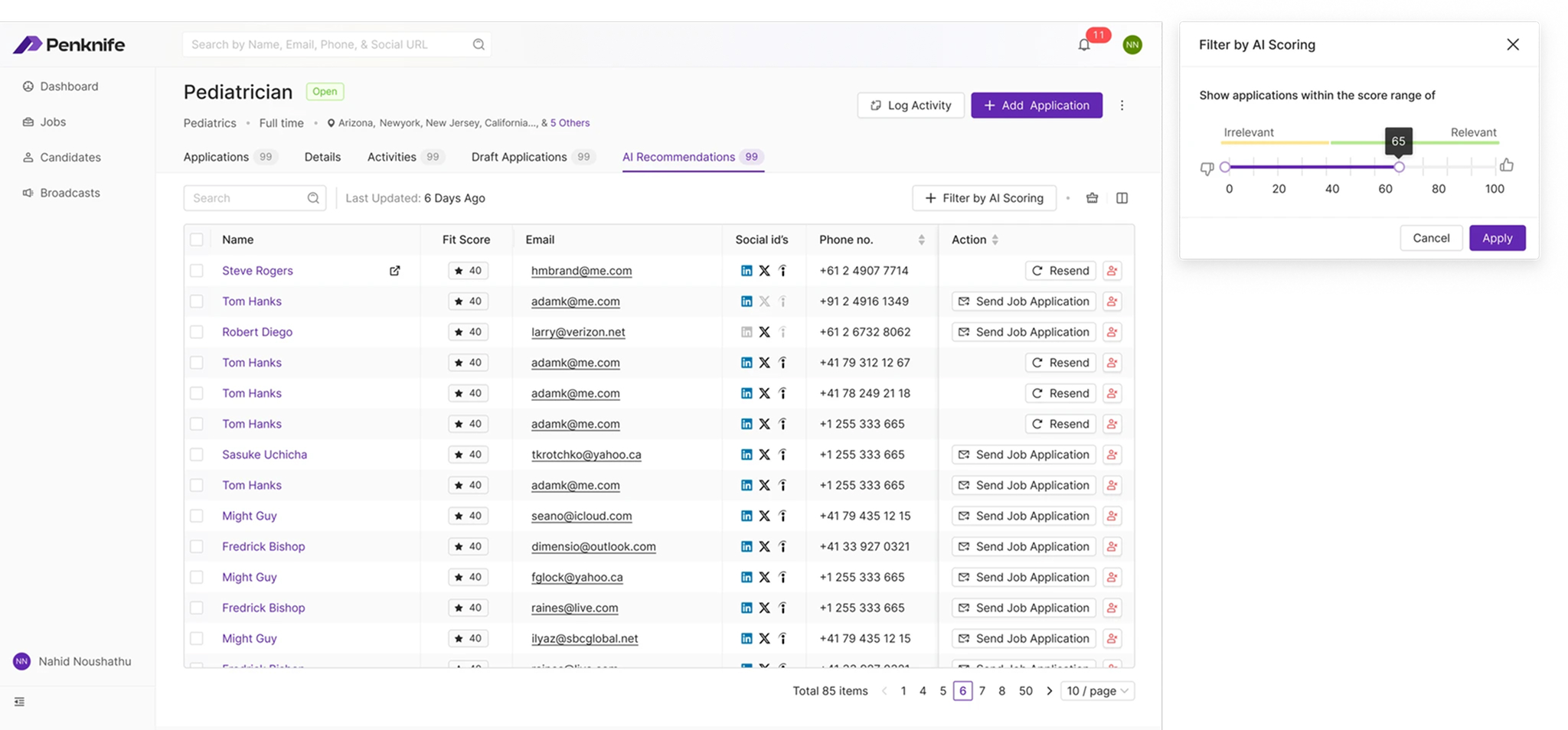 Penknife AI Recommendations tab with the fit score threshold panel